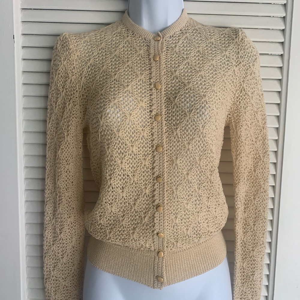 St. John Cream Cardigan Sweater with Intricate Knit size Small